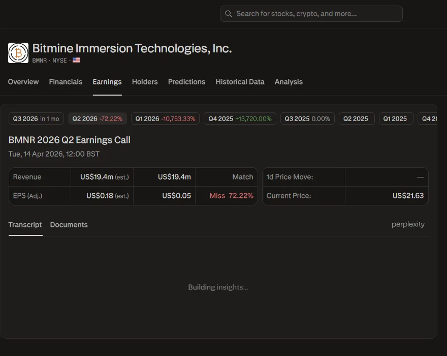 Perplexity Finance BMNR earnings tab showing 'Building insights', no Quartr transcript data available for this smaller company