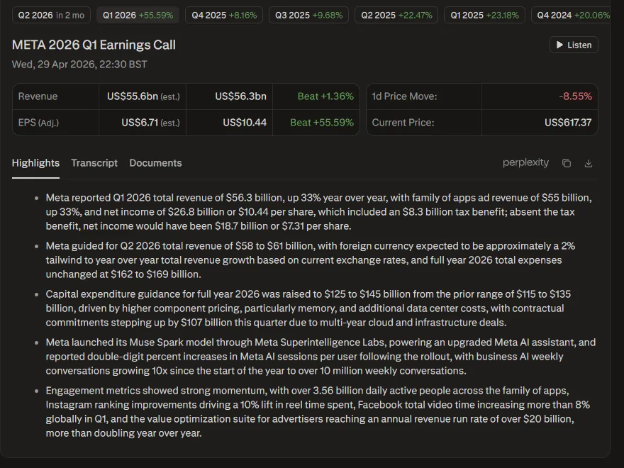 Perplexity Finance META earnings hub: populated Q1 2026 transcript with highlights and structured data