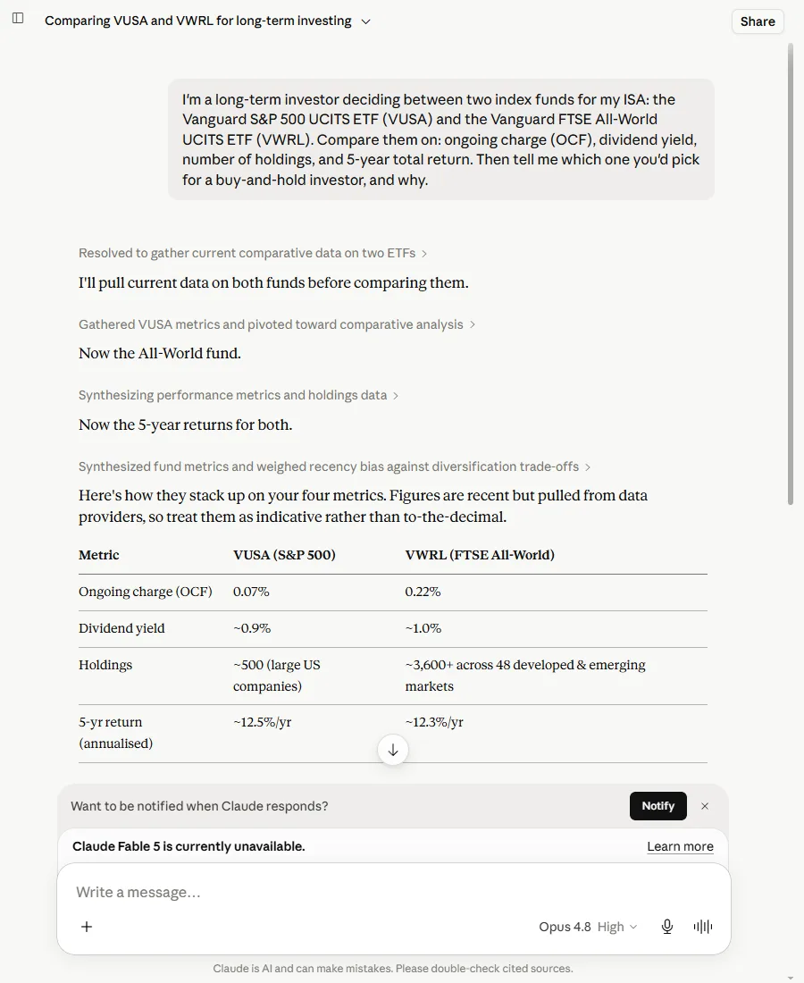 Claude's comparison table showing the ongoing charge for the global fund as 0.22% (the stale figure) above its own visible thinking steps confirming it pulled current data from the web before answering