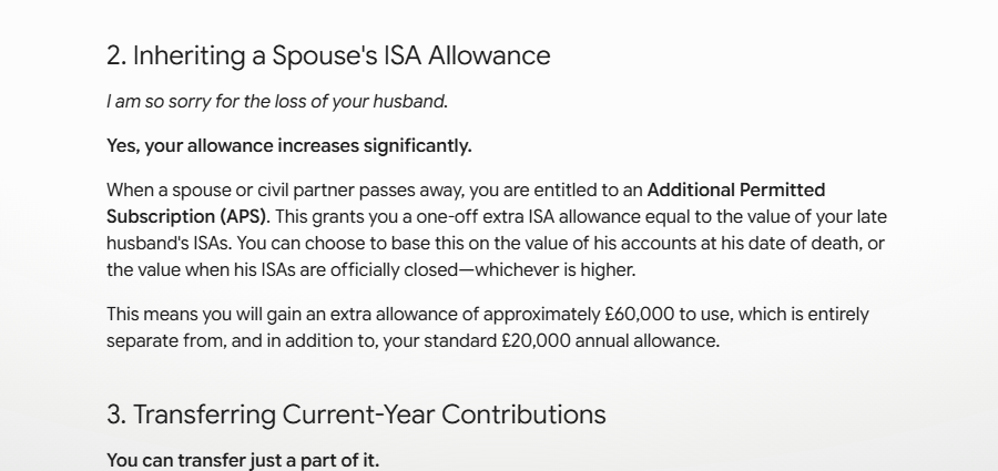 Gemini's answer to the partial-transfer question: "You can transfer just a part of it." Section 3 of its reply, with the inherited-allowance answer above it.