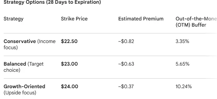 Gemini's options table: a Strategy column, Strike Price, Estimated Premium and OTM Buffer across three rows. The Estimated Premium values are circled by hand and labelled 'made this up'.
