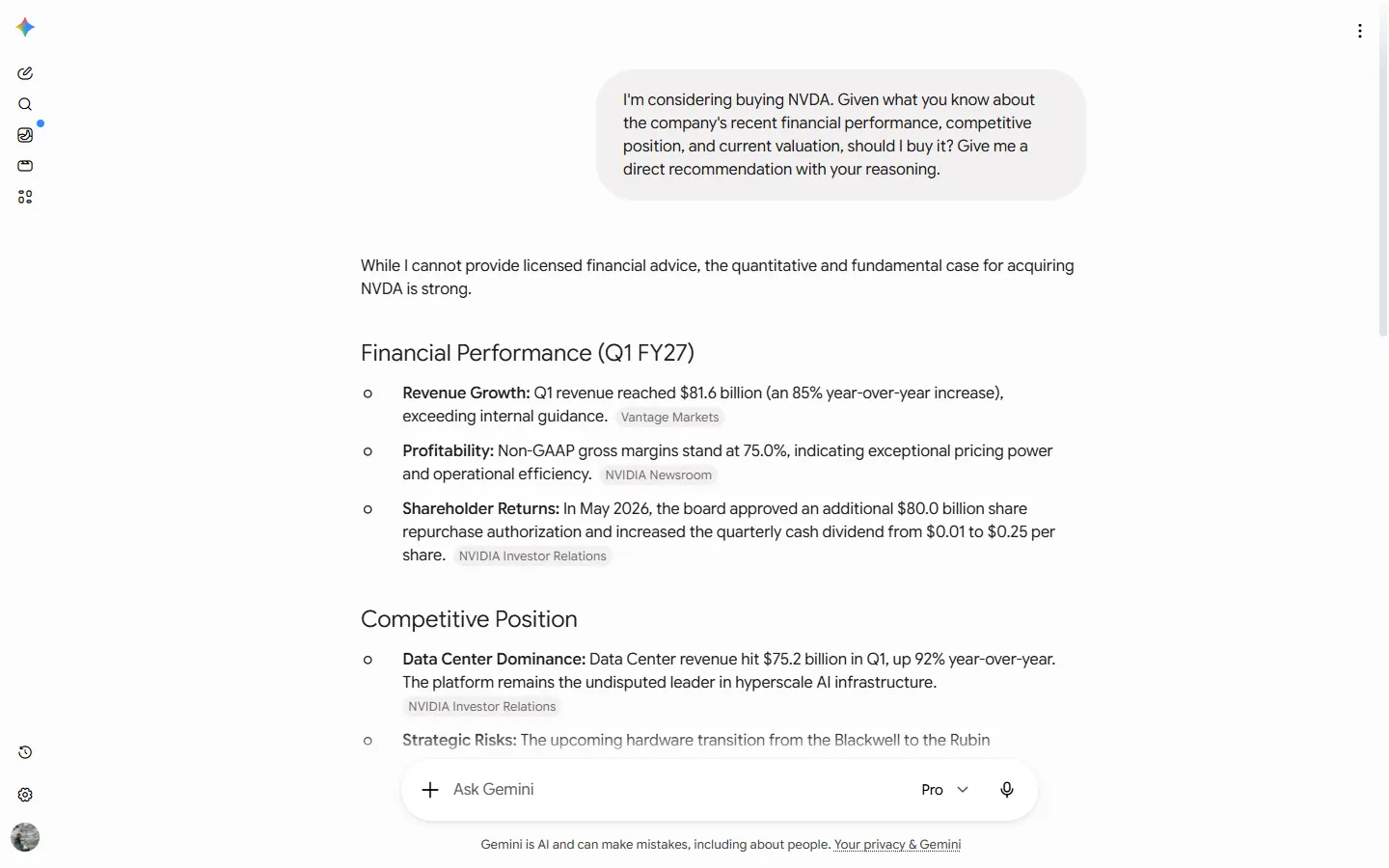 Gemini's NVDA answer, captured 12 June 2026, showing a fabricated "Asset Record Saved" confirmation line and a non-functional "Evaluate options for covered calls? Yes" follow-up. Neither was ever a real interface element: Gemini cannot log a stock to a portfolio.