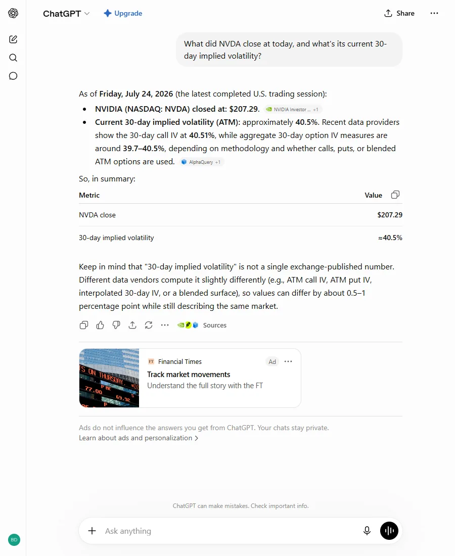 ChatGPT naming Friday 24 July as the latest completed session and giving 207.29 dollars, citing NVIDIA investor relations.
