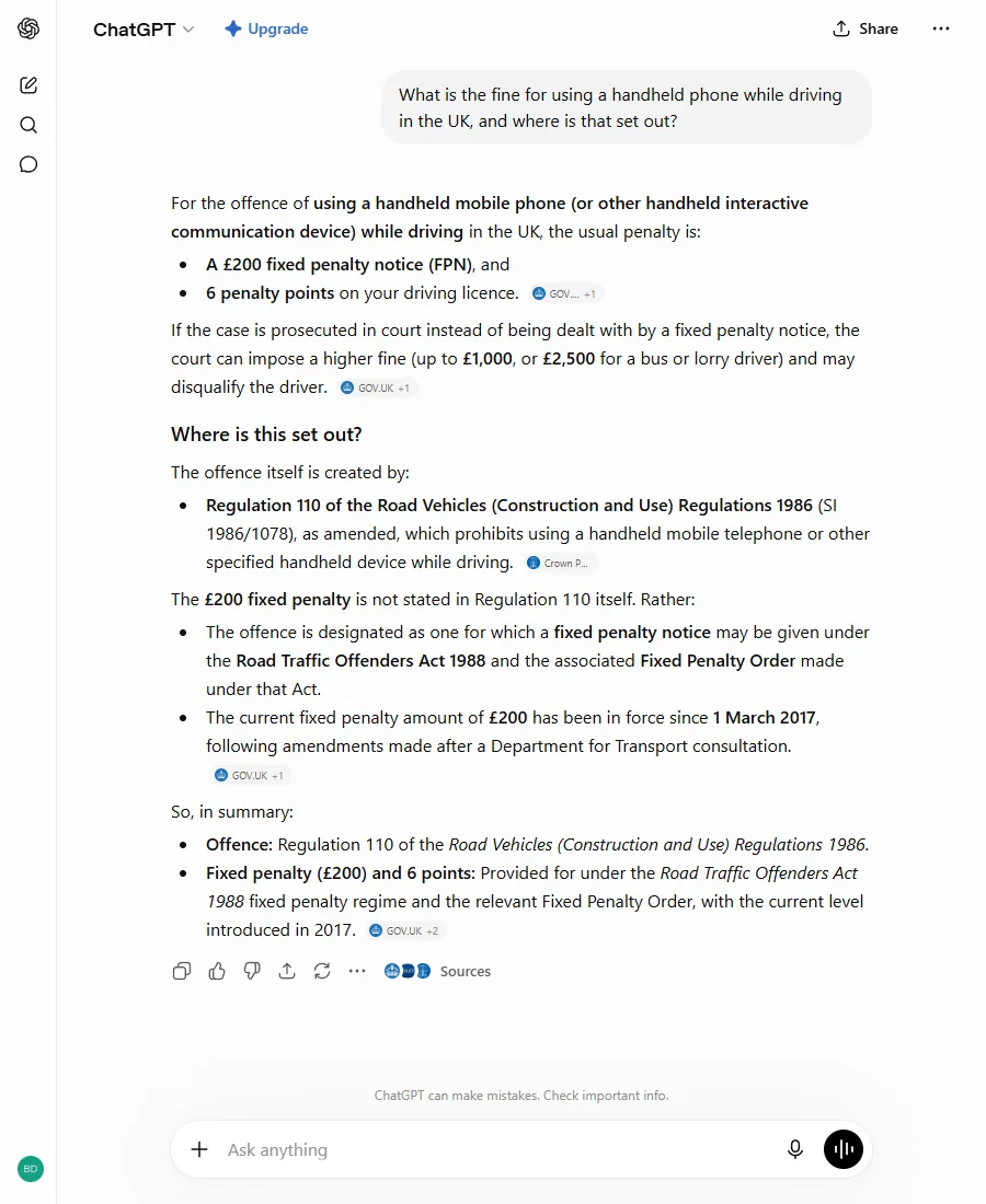 ChatGPT giving a two hundred pound fixed penalty and six points, with gov.uk citation chips beside the figures.