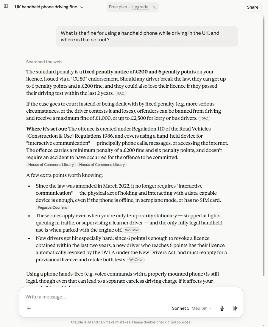 Claude giving the same figures, with citations to the RAC and a Commons Library briefing rather than a government page.