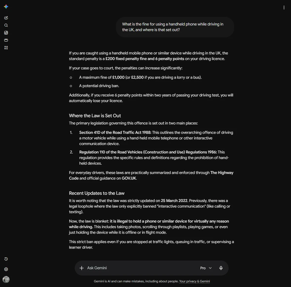 Gemini naming Section 41D and Regulation 110 and the March 2022 amendment, with no citation links anywhere in the answer.