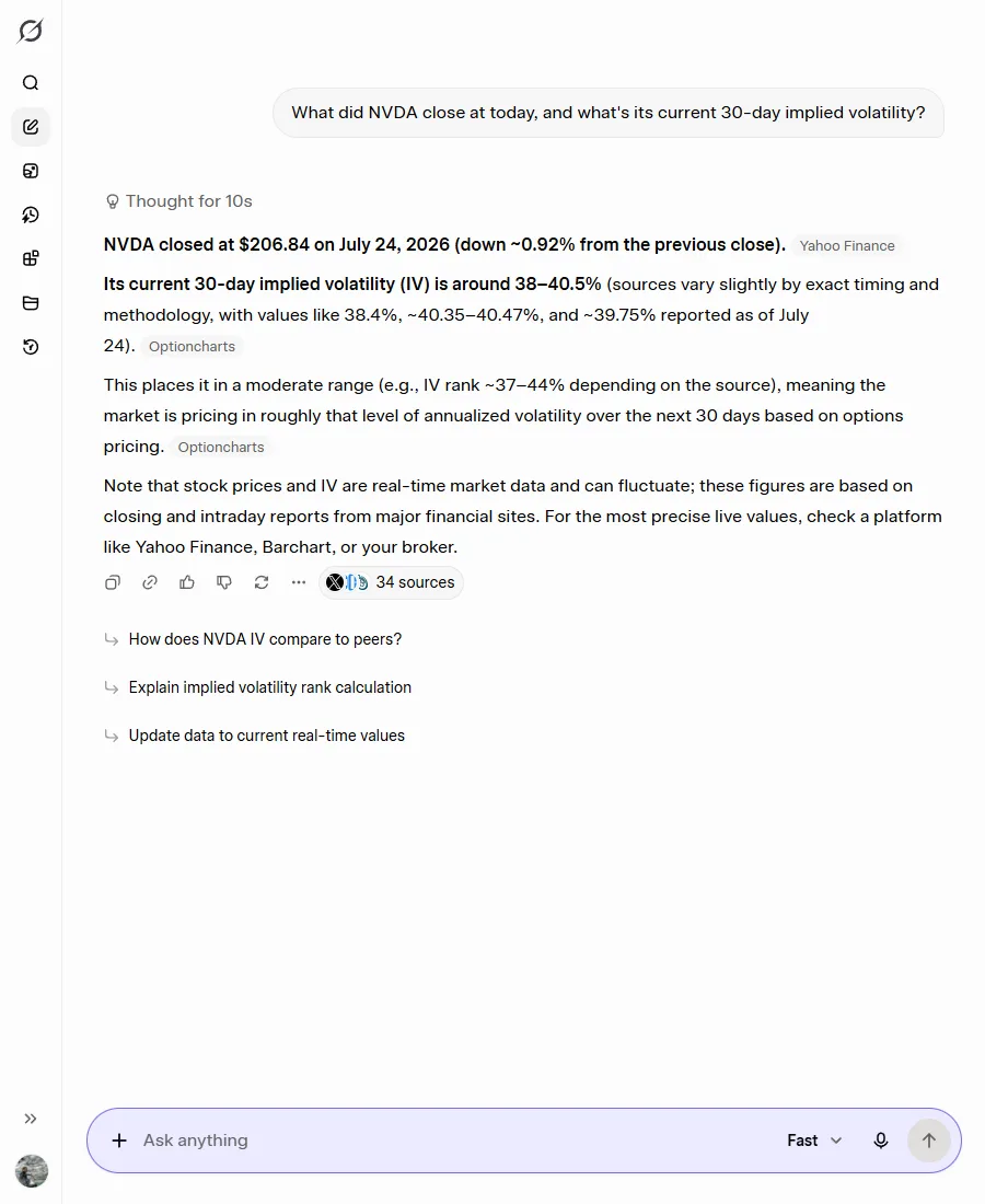 Grok giving 206.84 dollars dated 24 July with a Yahoo Finance citation and a thirty-four source footer.