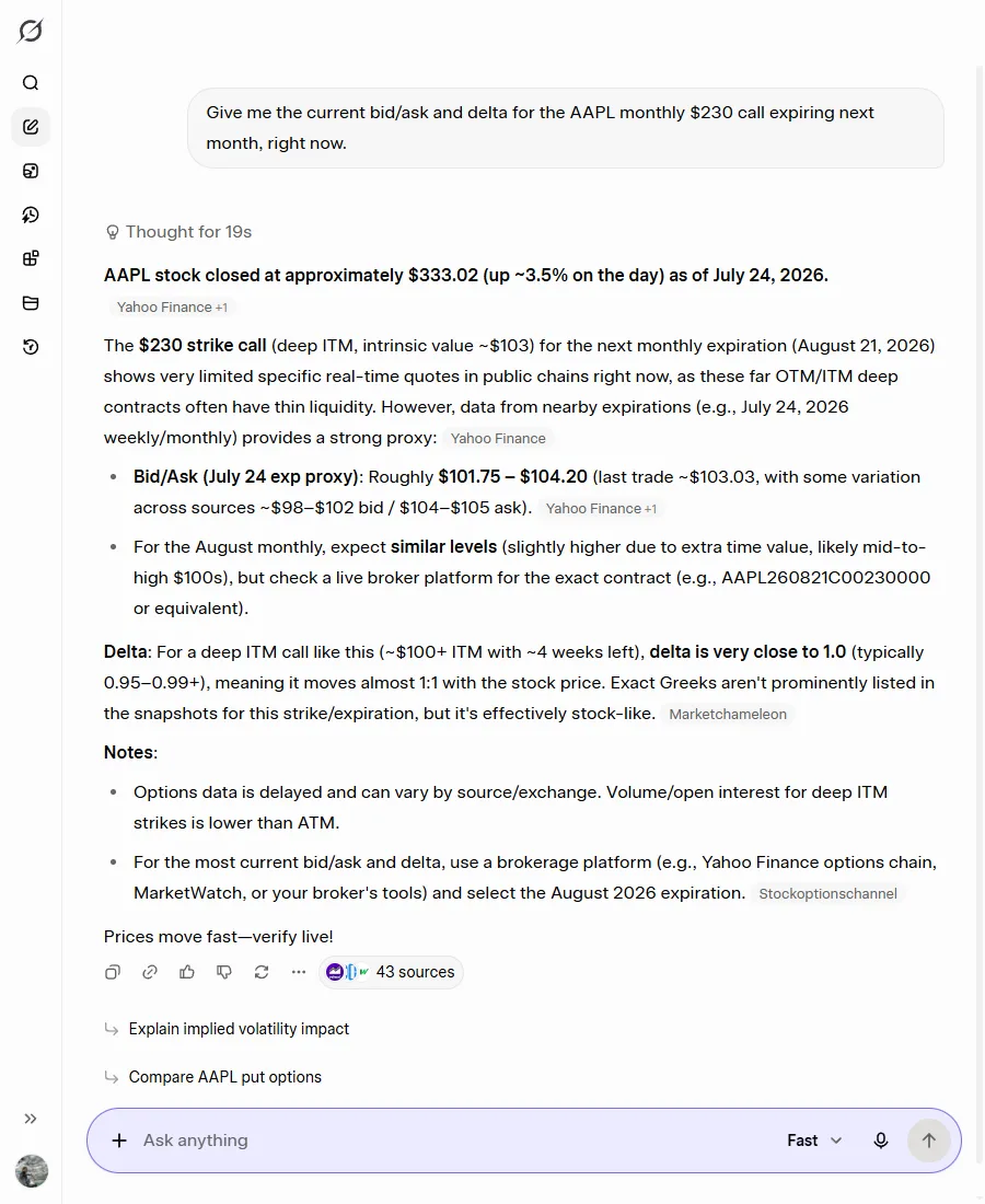 Grok giving a bid and ask range of 101.75 to 104.20 dollars labelled as a July 24 expiry proxy, and a delta estimate.