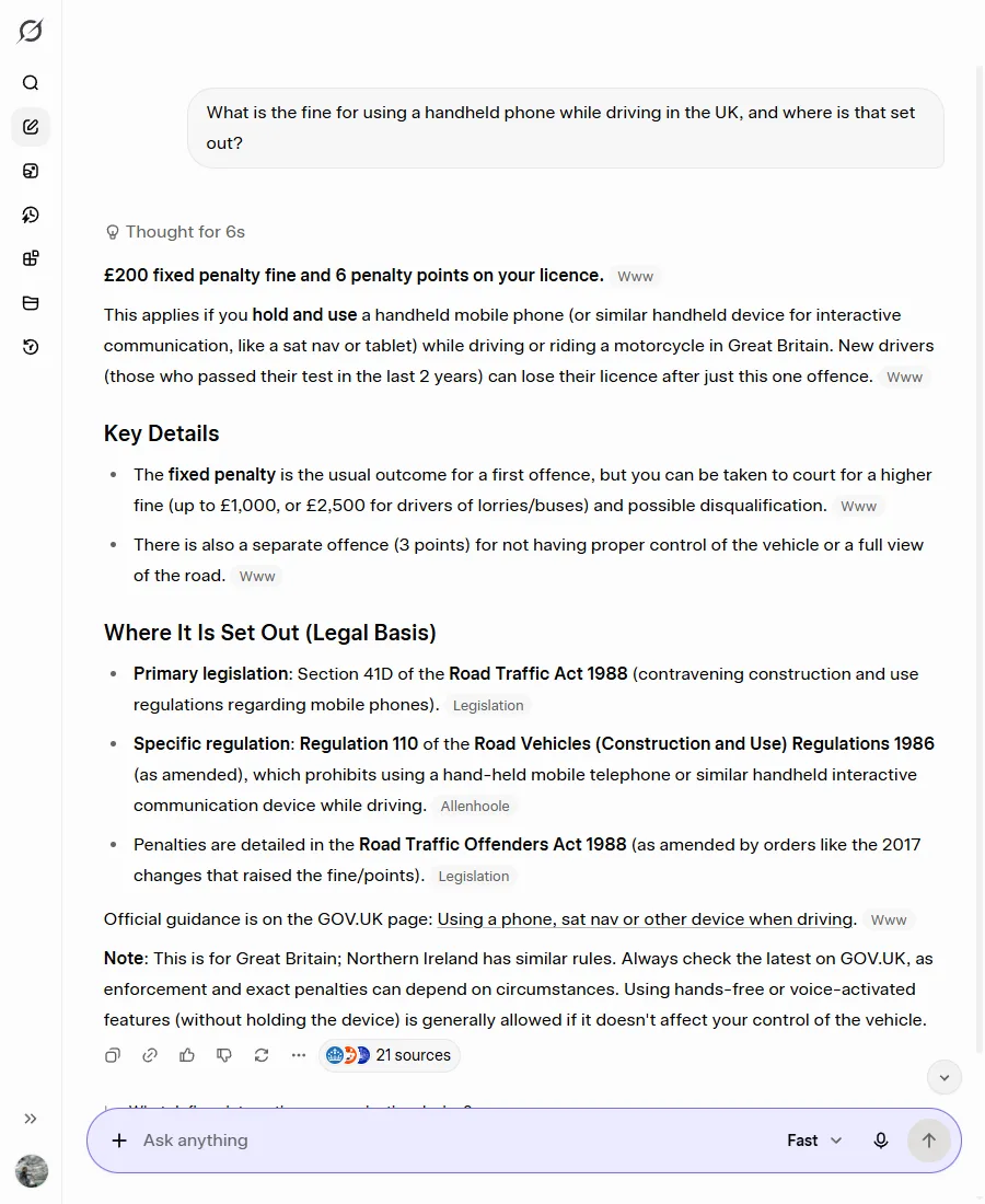 Grok giving the fine with gov.uk and legislation.gov.uk citations and a twenty-one source footer.