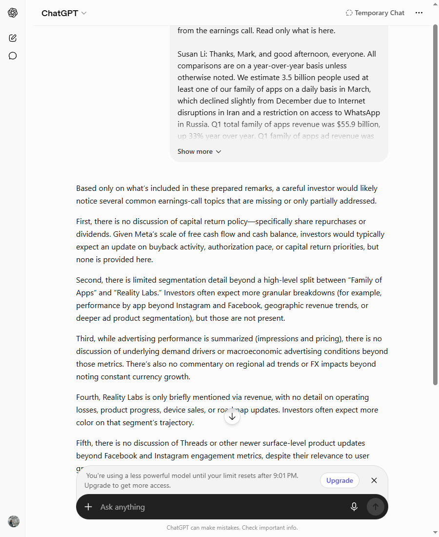 ChatGPT's response to the absent-topics question: a competent numbered list of generic gaps (no capital-return policy, thin segment detail, no Reality Labs operating loss), with the visible 'you're using a less powerful model' banner that marks the free-plan cap