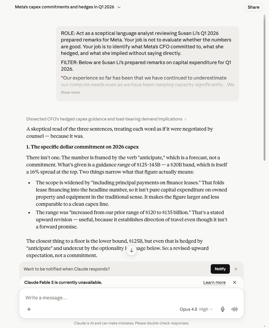 Claude's response with the Prompt Stack structure applied, flagging that the spend-less escape clause is parked in future years not 2026: 'the escape hatch is placed where it costs least to advertise'