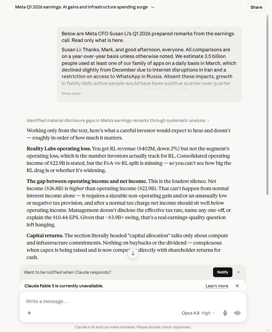 Claude's response to the same absent-topics question, ranking eight material absences and flagging that the section headed 'capital allocation' names no buybacks or dividend: 'you're given the cost side of the AI story without the return side'