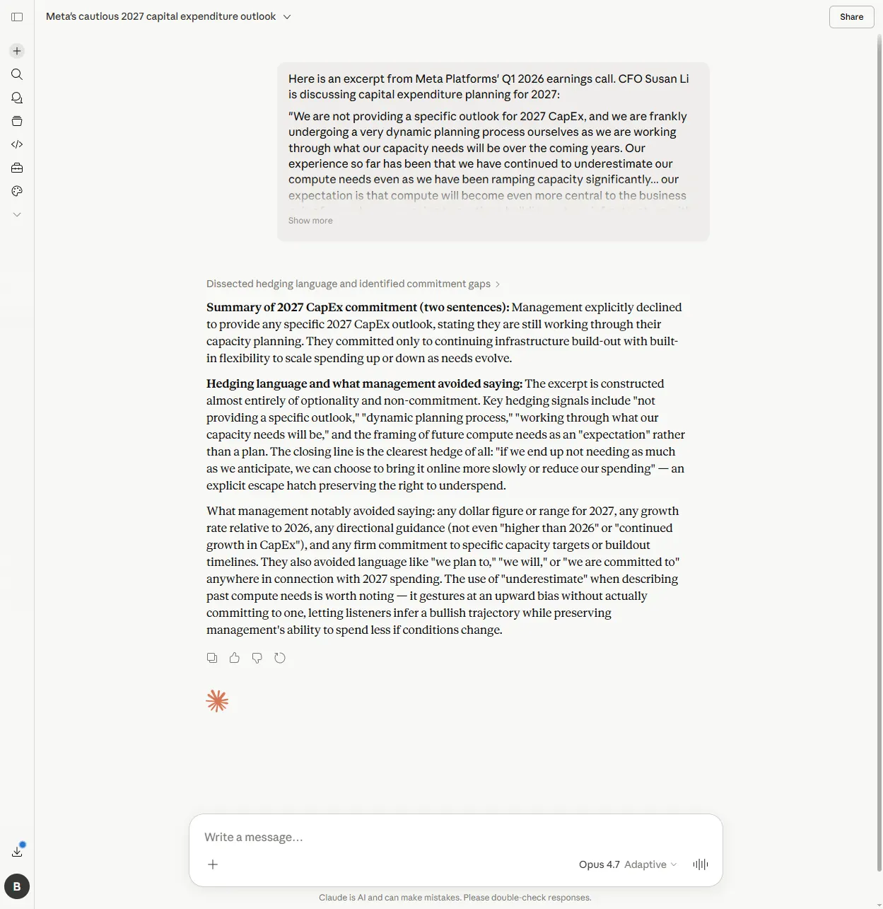 Claude's response identifying the word 'underestimate' as one-sided phrasing in Meta's earnings call