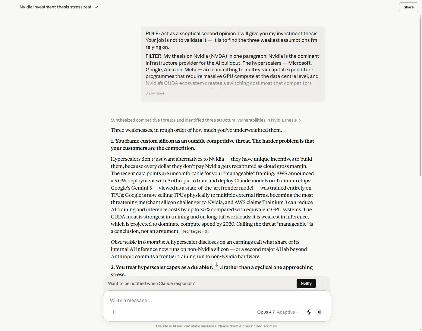 Claude's three weaknesses in a stated NVDA data-centre thesis: customers as competition, hyperscaler capex as a cyclical pivot, and the load-bearing compounding claim stated without the maths (Claude Opus 4.7, 2026-05-20)