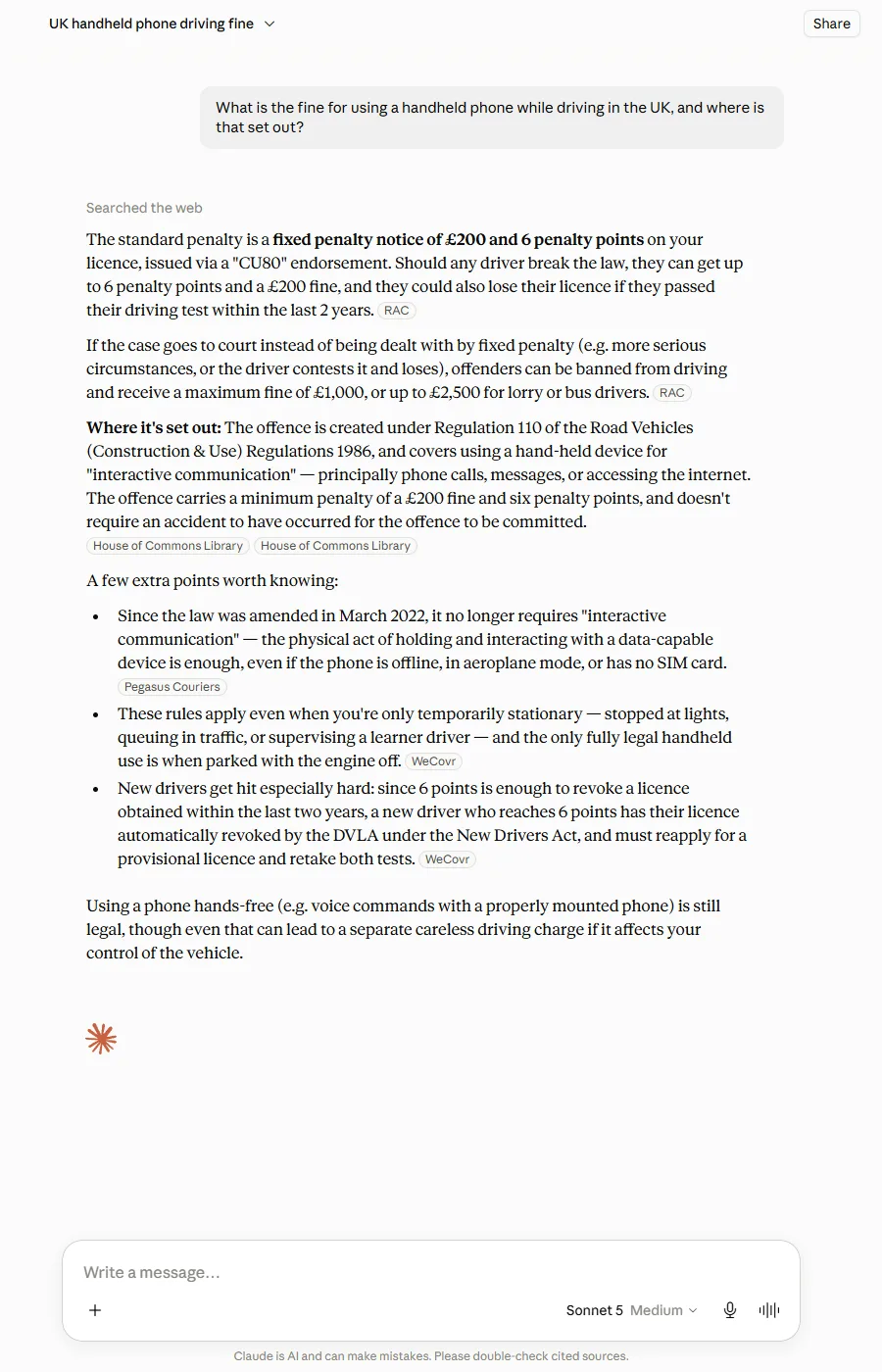 Claude's phone-fine answer from 24 July with its citation chips: RAC twice, House of Commons Library twice, Pegasus Couriers and WeCovr, and no gov.uk source anywhere in the reply.
