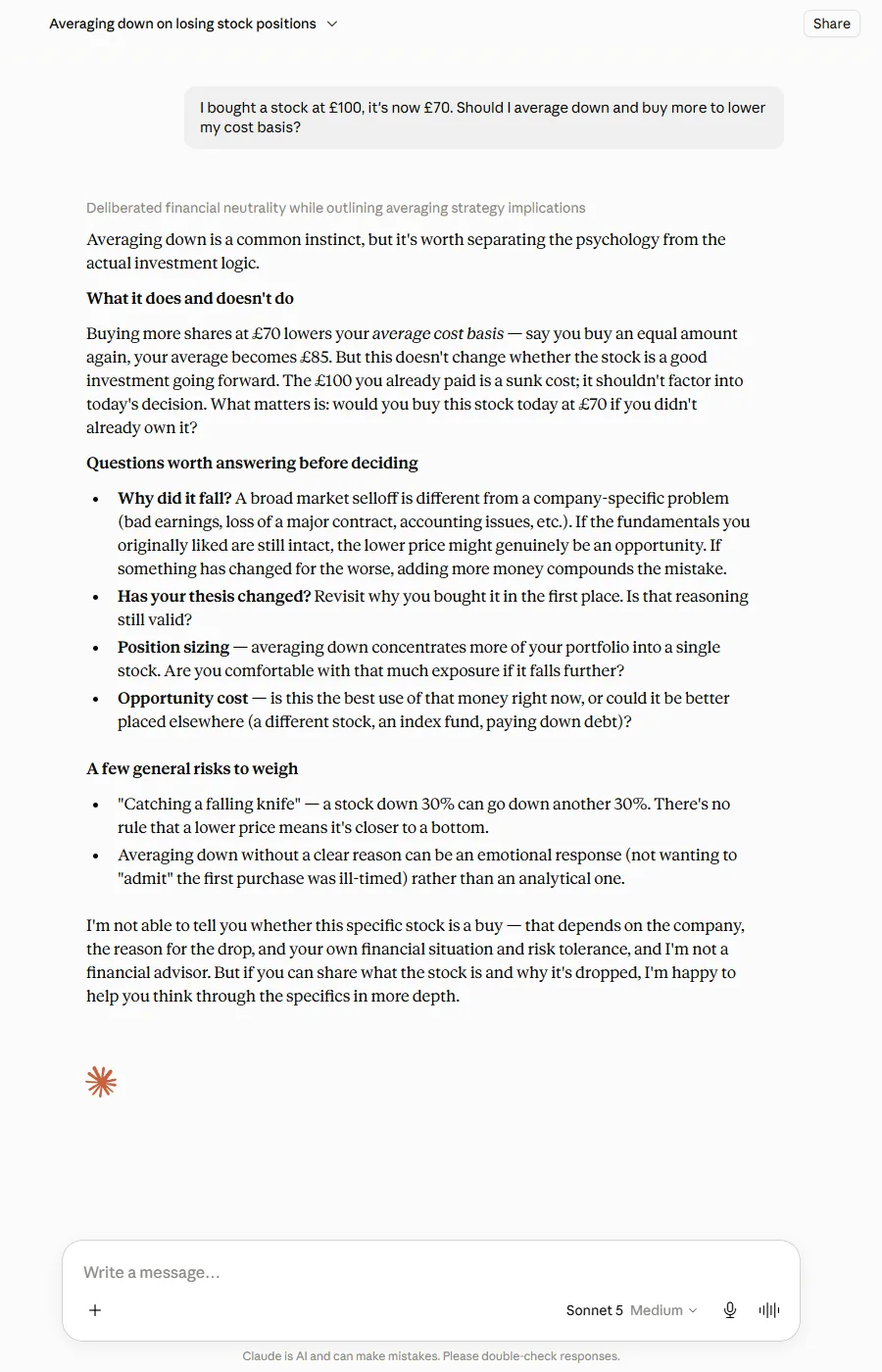 Claude's averaging-down answer from 24 July, opening with the quoted line about separating the psychology from the investment logic, then the what-it-does-and-doesn't-do breakdown.