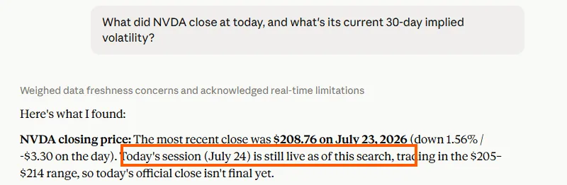 Claude giving NVDA's 23 July closing price and stating that the 24 July session is still live as of this search.
