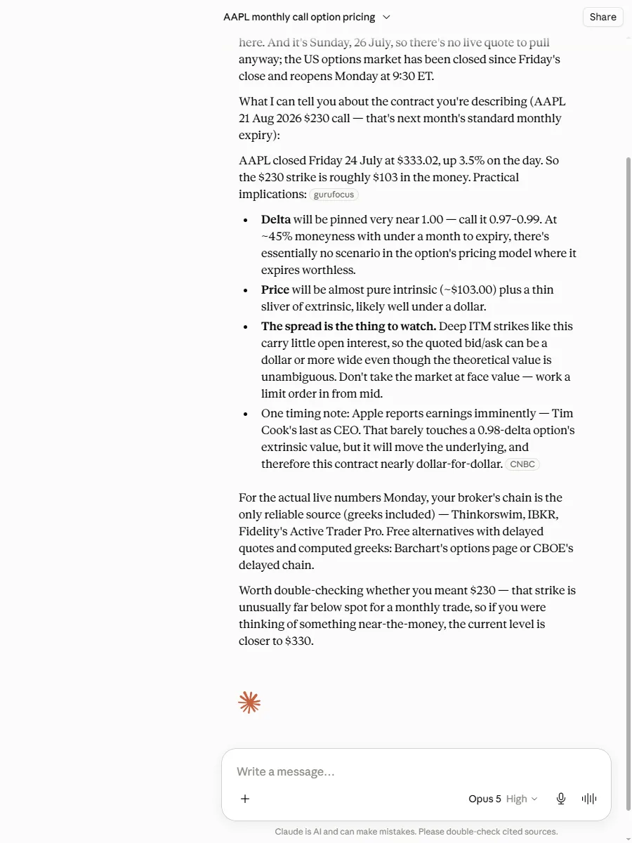 Claude's options answer with the timing note that Apple reports earnings imminently, Tim Cook's last as chief executive.