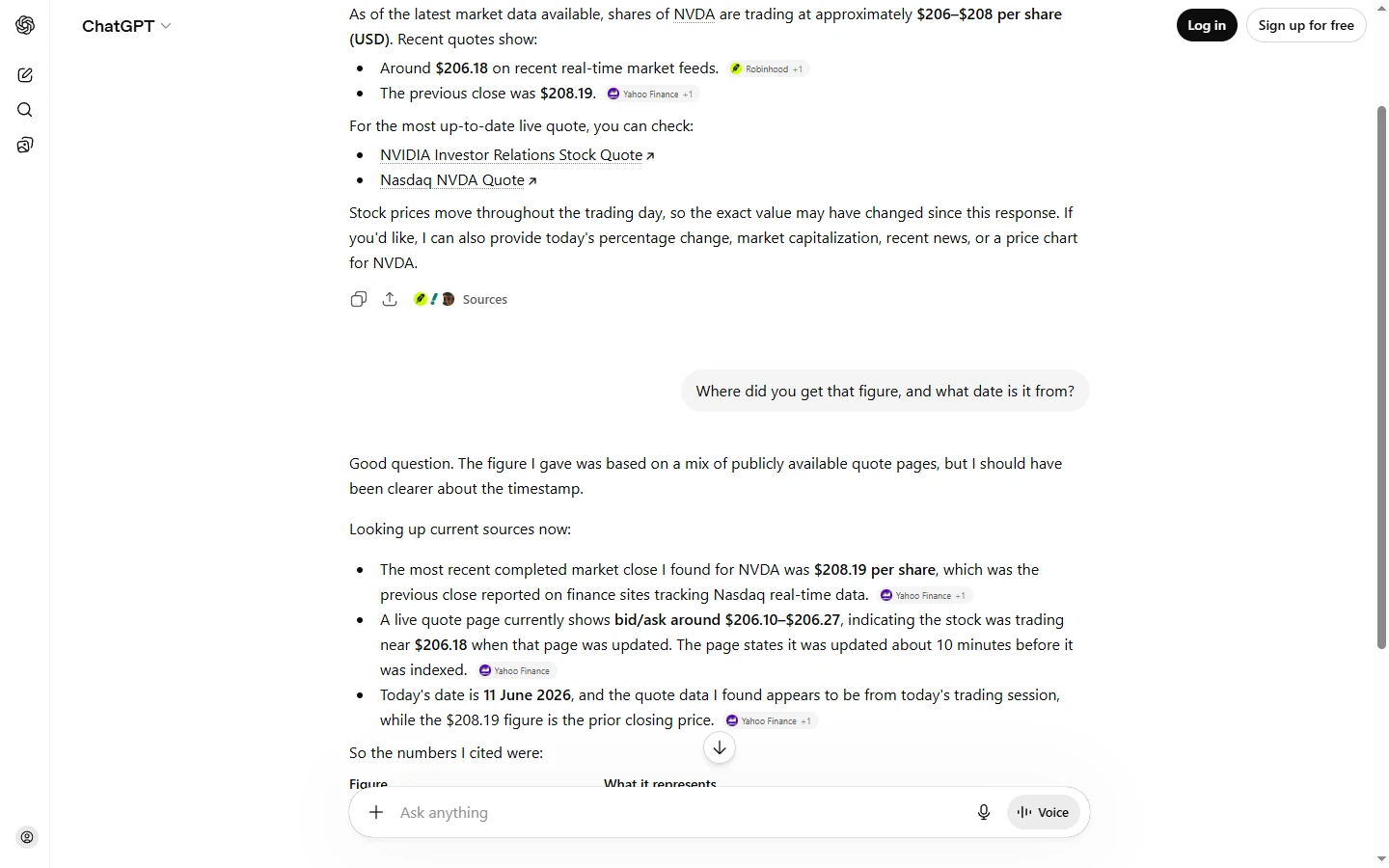 ChatGPT’s answer on 11 June 2026, giving NVDA at “around $206.18 on recent real-time market feeds” with a Robinhood citation attached, and $208.19 as the previous close.