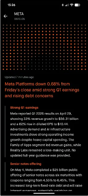 Expanded Cortex Digests reading view on the META mobile detail page, showing two named sub-sections, Strong Q1 earnings and Senior notes offering, with verifiable numbers and plain-English synthesis.